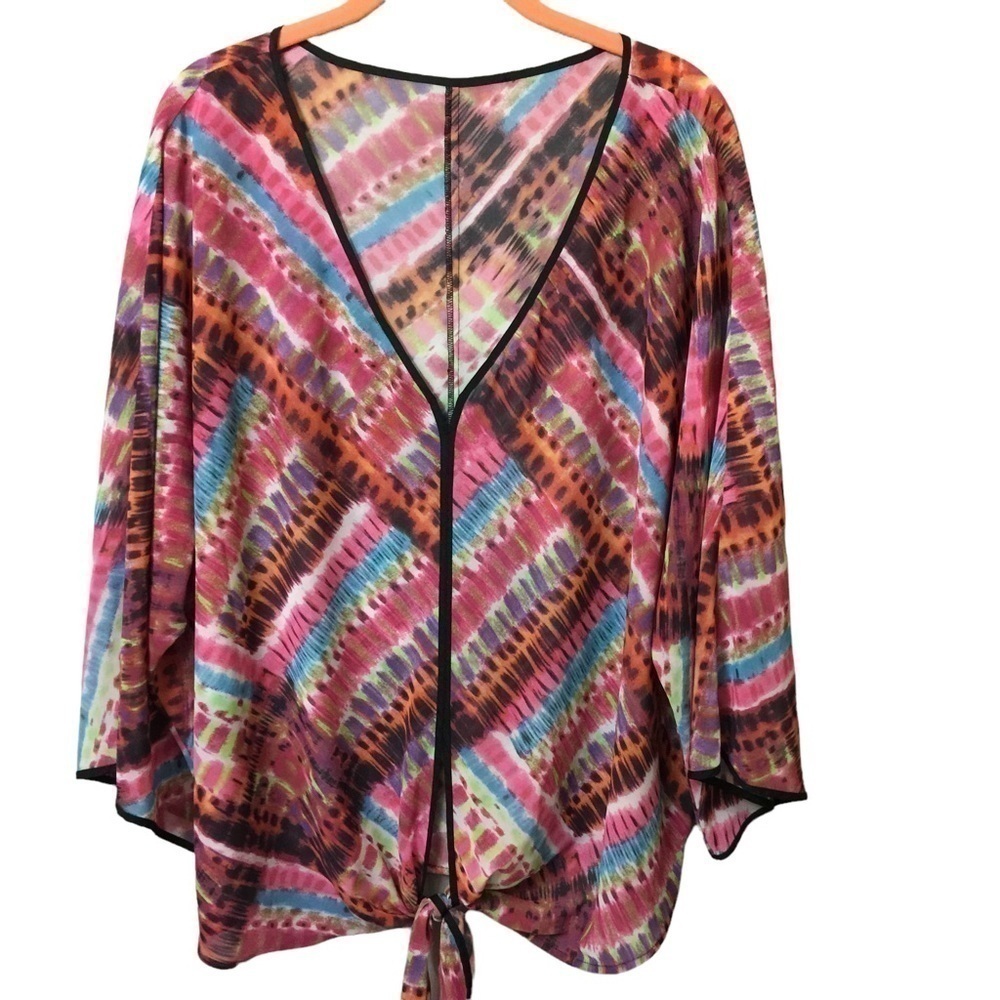 𝅺SHEER bright multi geo print tie waist top/cover.